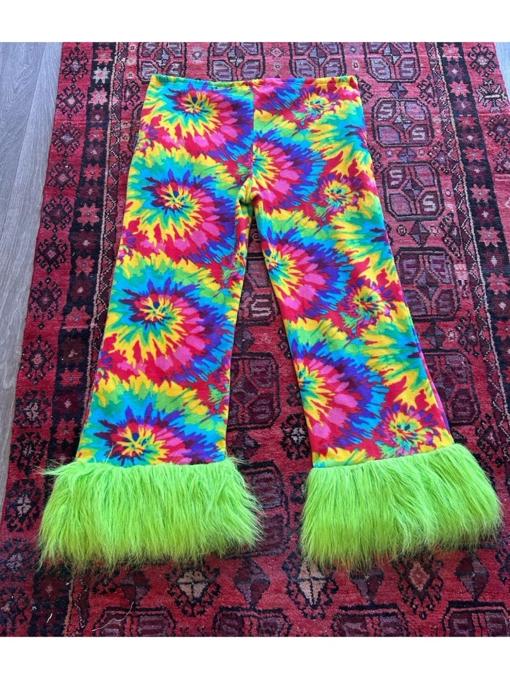 Grandma Pants Tie Dye Faux Fur Bell Bottom Festival Rave Pants L Burning Man - Picture 7 of 14